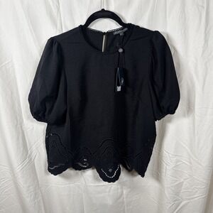 Adrianna Papell Women's Black Blouse Top NWT Size M Puff Sleeve Scallop Hem